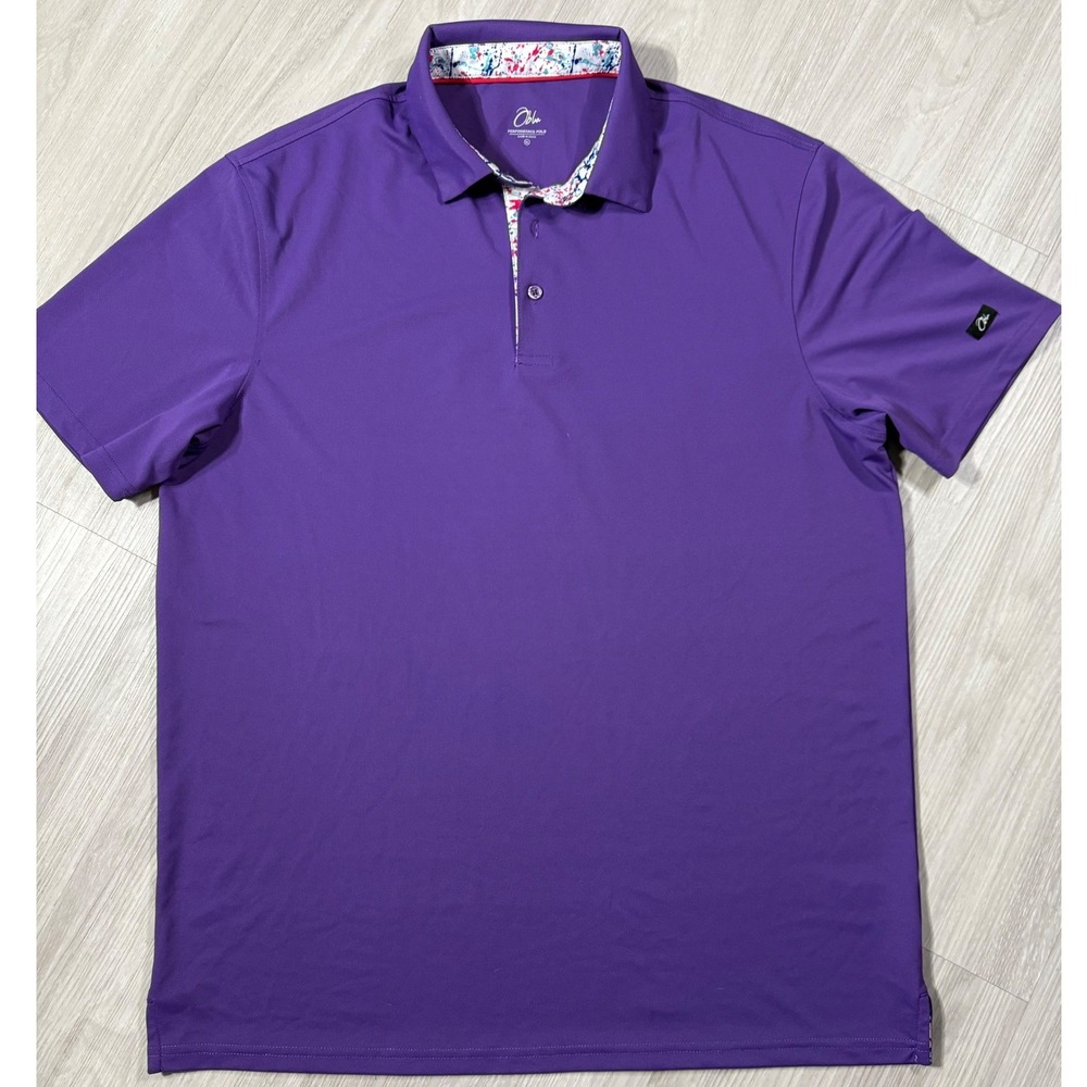 Obla Performance Polo Mens XL Purple Short Sleeve Golf Shirt Floral Trim Stretch